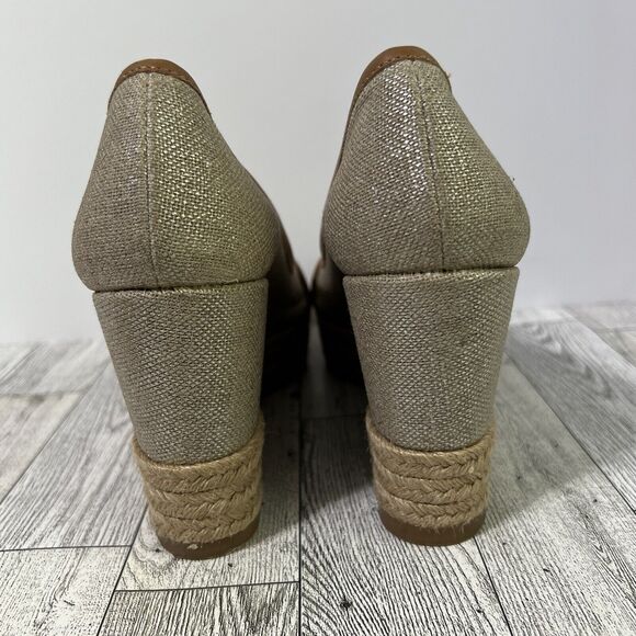TORY BURCH MAJORCA Logo Wedge Espadrille Shoes Womens 8 EU 38 Plata Tan Metallic - Picture 11 of 17